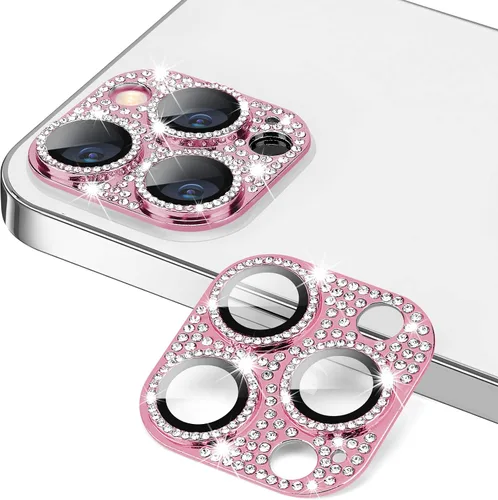 Protector de lente de cámara diseñado para iPhone 12 Pro Max, con diamantes de imitación 3D con diamantes de imitación 9H, vidrio templado, Rosado
