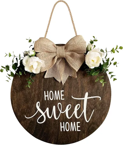 Home Sweet Home - Letrero de bienvenida de granja, decoración redonda de madera para colgar en la puerta con lazo de cinta y vegetación sintética,