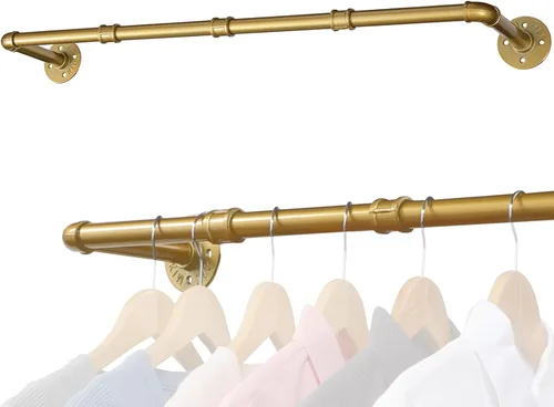 Miniatura 9 de Perchero de ropa de oro de tubería industrial, Perchero dorado montado en la pared de 30 pulgadas, Perchero de ropa de tubería industrial, Barra