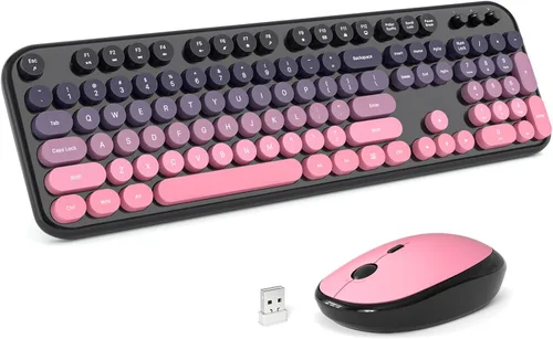 Miniatura 8 de KNOWSQT Combo de teclado y ratón inalámbrico, teclados lindos de tamaño completo estilo máquina de escribir 2.4G azul colorido - receptor USB Plug