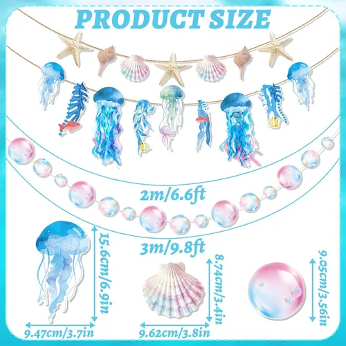 Miniatura 3 de SUNBEAUTY Guirnalda colgante de medusas de estrellas de mar con conchas de mar de 9.8 pies, guirnalda de burbujas azules para decoración