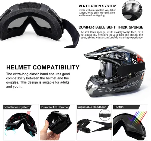 Miniatura 2 de FMY Gafas de motocross para hombres, mujeres y jóvenes, antiarañazos, a prueba de polvo, UV400 ATV Lente negro-gris