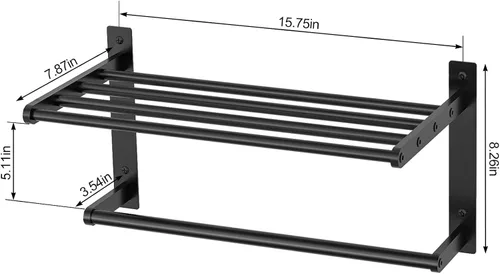 Miniatura 5 de Estante de baño con toallero, toalleros de metal de 16 pulgadas para montaje en pared de baño, toallero a prueba de óxido con estante soporte