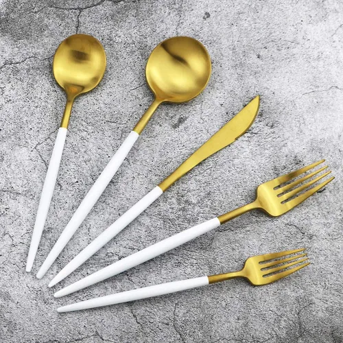Miniatura 5 de Juego de cubiertos color dorado mate con mango blanco, Gugrida 5 piezas de acero inoxidable 18/10 acabado satinado, juego de utensilios de cocina