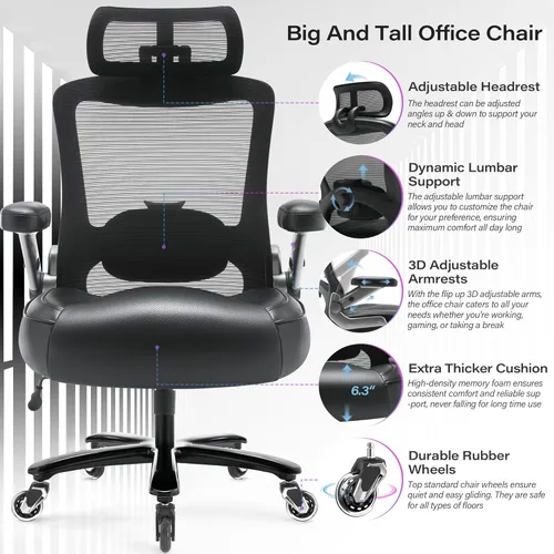 Miniatura 4 de Silla de oficina grande y alta, 600 libras con brazos abatibles 3D, reposacabezas ajustables, ruedas grandes resistentes, silla de escritorio negro