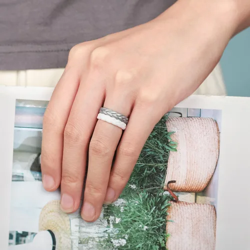 Miniatura 3 de Egnaro Anillos de boda de silicona para ella, conjuntos de novia de goma para mujer, bandas finas, diseño trenzado de hojas apilables con ranuras