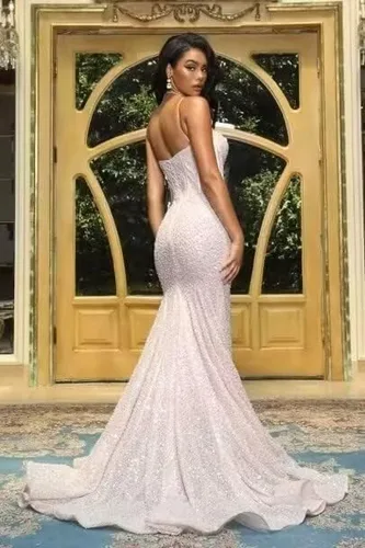 Miniatura 4 de Vestidos de fiesta de sirena con lentejuelas para mujer, con tirantes delgados, brillantes, largos, formales, para fiesta de noche