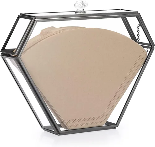 ELLDOO Soporte de filtro de café de vidrio negro Contenedor de almacenamiento de papel de café Dispensador de papel de filtro Estante con cubierta a