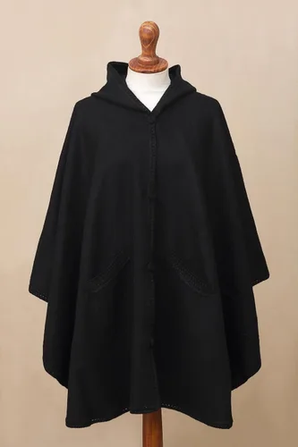 Miniatura 2 de NOVICA Artisan Handmade Alpaca Blend Ruana Cape Andean with Acrylic Wool Clothing Wraps Ruanas Black Solid Peru 'Glamorous Night', Negro