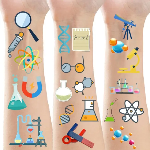 370 piezas de calcomanías temporales para fiesta de ciencia, futuro, científico loco, ciencias naturales, artes, fiestas de cumpleaños, decoraciones