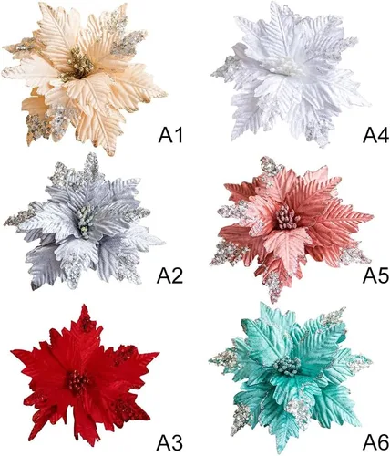 Miniatura 9 de 6 adornos para árbol de Navidad con purpurina para árbol de Navidad, flores artificiales de Navidad, accesorios florales, flores de franela