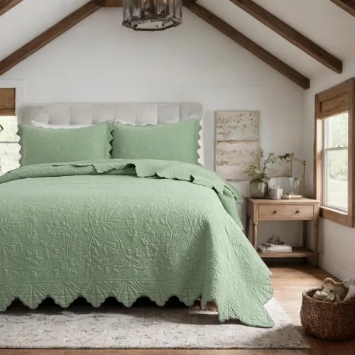 Miniatura 23 de Brandream Queen Size Quilt Set Cotton Beige Quilts Luxury Farmhouse Bedding Set Matelasse Coverlet Scalloped Quilt Set 3-Piece
