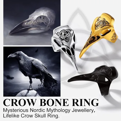 Miniatura 3 de Richsteel Anillo de acero inoxidable con calavera de cuervo vikingo vikingo para hombres y mujeres, joyería gótica de protección nórdica