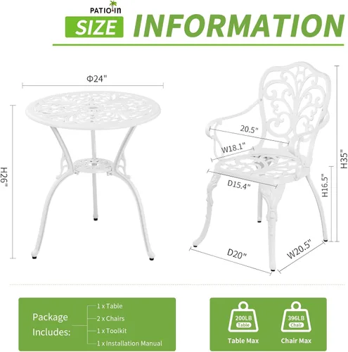 Miniatura 7 de Juego de mesa y sillas de bistró para exteriores, 2 piezas, juego de bistró de patio de metal blanco, juego de bistró de aluminio fundido de 3
