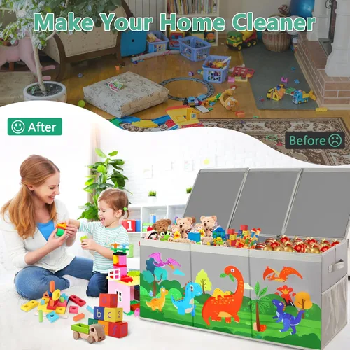 Miniatura 7 de Caja de juguetes extragrande con tapas, organizador plegable de almacenamiento de juguetes para niños, caja de juguetes de dinosaurio para niños Gris