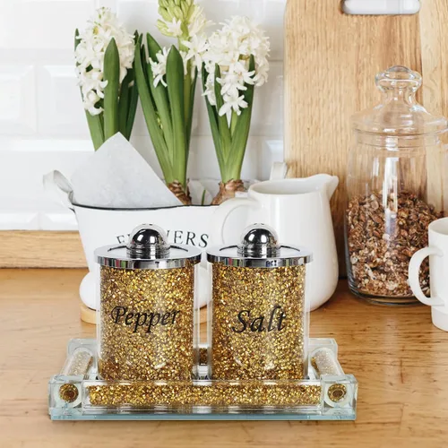 Miniatura 3 de Juego de saleros y pimenteros de cristal con bandeja, decoración de casa de diamantes triturados de cristal brillante para cocina, tarro de sal