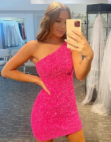 Miniatura 2 de Loyeloy Vestidos cortos de regreso a casa de un hombro para adolescentes, vestido de fiesta ajustado con lentejuelas brillantes para mujer