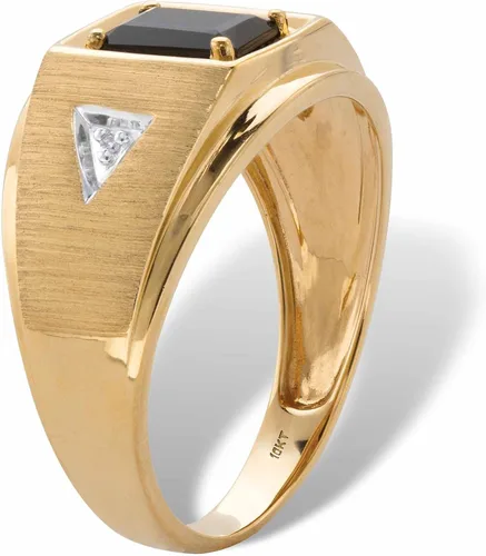 Miniatura 2 de Anillo de oro amarillo de 10 quilates para hombre, corte esmeralda, ónix negro natural y diamantes