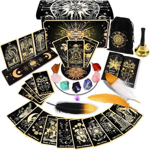 78 cartas de tarot con guía – Juego de regalo de baraja de tarot con tela de tarot y soporte, piedras de chakra y más, cartas de tarot negras de