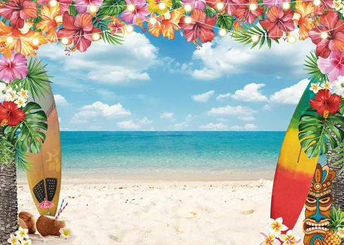 Miniatura 2 de Fondo de playa hawaiana para verano, cielo, océano, palmera tropical, tabla de surf, fondo de fotografía, baby shower, decoración de fiesta