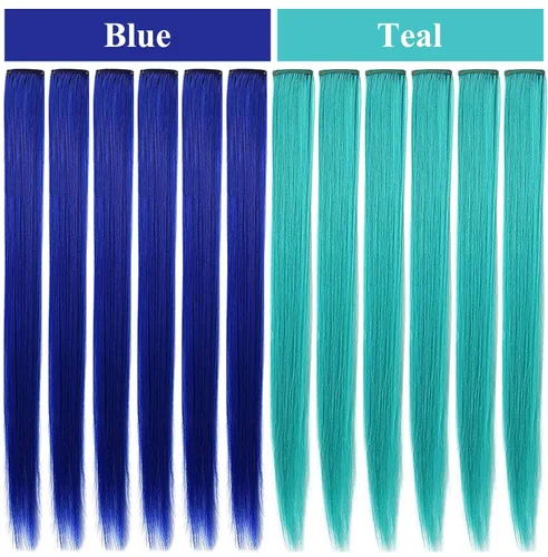 Miniatura 3 de Rhyme 12 piezas de extensiones de cabello de color azul y verde azulado con reflejos de princesa de 21 pulgadas con clip para niñas americanas