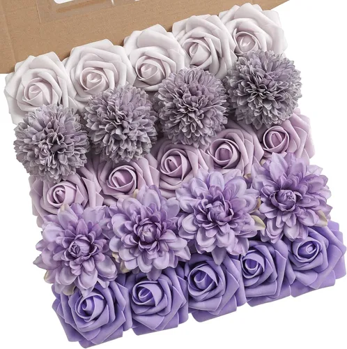 Miniatura 18 de rongflower Flores artificiales de aspecto real, color rosa polvoriento, rosas falsas de espuma con tallos, 25 piezas para bricolaje, bodas, Rosa
