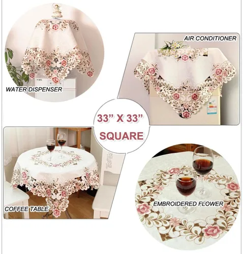 Miniatura 5 de LeLehome - Mantel de encaje bordado con flores cafés, color crema y beige, diseño clásico y tela que no se arruga para mesa de comedor