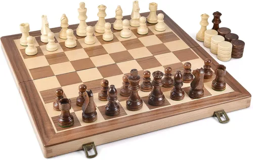 Miniatura 4 de AMEROUS Juego de ajedrez y damas de madera de 15 pulgadas con piezas de ajedrez ponderadas mejoradas - 2 reinas extra - 24 piezas de damas