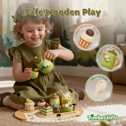 Miniatura 4 de Juego de té de madera para niños pequeños, juguetes de fiesta de té de simulación para niños de 3 a 5 años, regalo para niñas y niños
