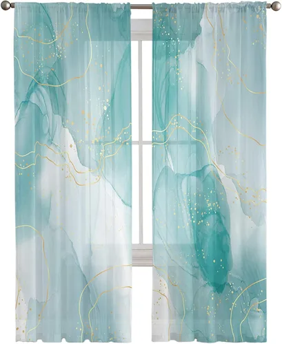 Miniatura 2 de Sheer Curtains 63 Inch Long Teal Marble Golden Lines Modern Ombre Abstract Rod Pocket Voile Semi-Sheer Window Treatment Drapes for Bedroom Nursery