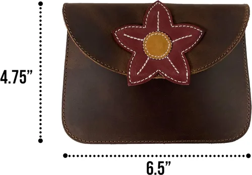 Miniatura 6 de Heather's, Cartera de tarjeta con flor hecha a mano de cuero de grano completo, Bourbon Marrón/Flor Roja, Classic