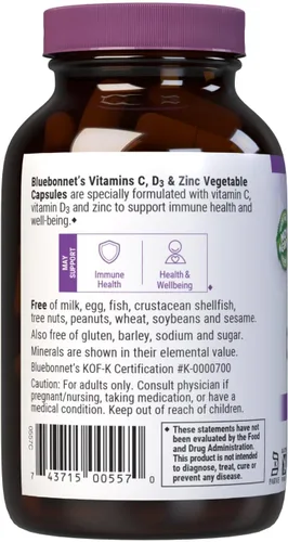 Miniatura 3 de Bluebonnet Nutrición Vitamina C, D3 y zinc, para la salud inmunológica y la función respiratoria*, sin soja, sin gluten, sin OMG, certificado