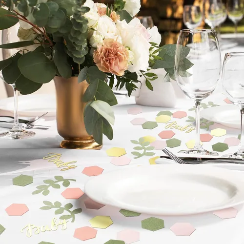 Miniatura 5 de 220 piezas de decoración de mesa de confeti para baby shower con eucalipto verde salvia dorado papel neutro de confeti disperso forma hexagonal