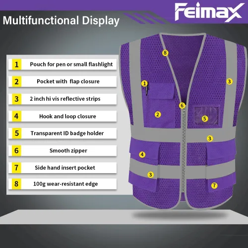 Miniatura 2 de FEimaX Chaleco de seguridad de alta visibilidad, chaleco de trabajo reflectante de malla para hombres y mujeres con bolsillos y cremallera, cumple