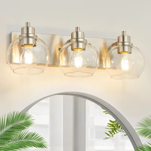Miniatura 14 de Tuscarora Lámpara de tocador de baño de 3 luces, lámparas de baño negras y doradas, lámpara de tocador moderna con pantalla de vidrio transparente