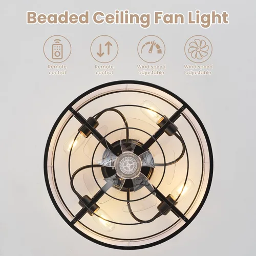 Miniatura 4 de 20 Inch Boho Ceiling Fan with Light, Low Profile Flush Mount Caged Ceiling Fan, Bladeless Black Drum Chandelier with Remote, 6 Speed Reversible DC