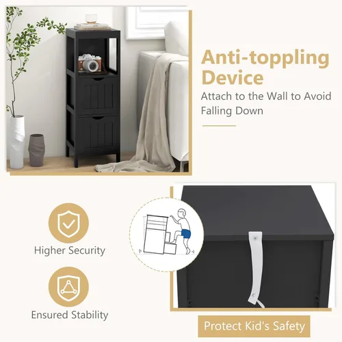 Miniatura 6 de Tangkula Armario de almacenamiento de baño pequeño con 2 cajones extraíbles, armario de piso independiente de madera para baño, dispositivo Negro