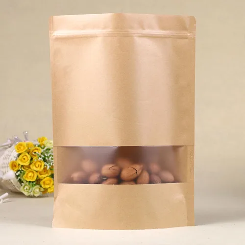 Miniatura 7 de 50 bolsas de papel kraft con ventana resellable de pie, bolsas con cierre de cremallera, bolsa de almacenamiento de alimentos a granel para pequeñas