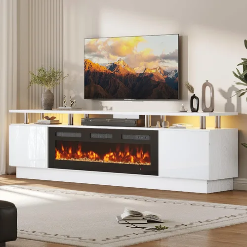 Miniatura 22 de oneinmil Soporte de TV con chimenea de 70 pulgadas para sala de estar, centro de entretenimiento con chimenea eléctrica con luces LED dobles