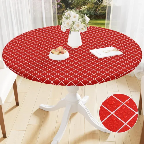 Miniatura 29 de Mantel redondo de vinilo de 36 a 44 pulgadas, mantel elástico impermeable con reverso de franela, mantel de plástico para picnic, campamento, al Café