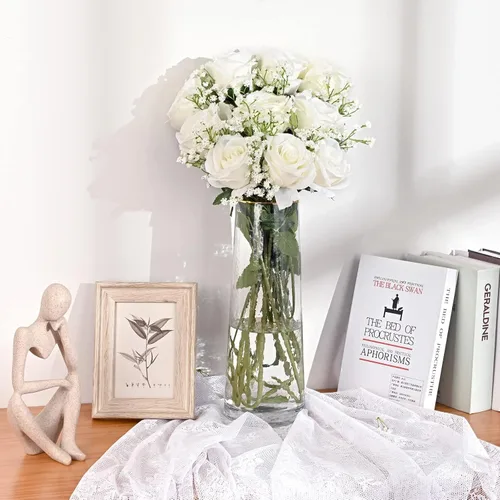 Miniatura 5 de Waipfaru 20 rosas blancas falsas de aliento de bebé, flores artificiales a granel, rosa blanca de seda con tallos largos para ramo de boda, jarrón