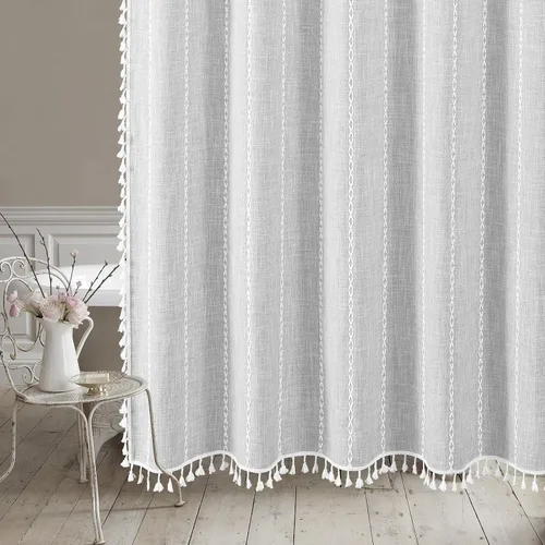 Miniatura 5 de MitoVilla Cortina de ducha bohemia extra larga de 72 x 96 pulgadas, color gris claro, moderna, estilo casa de campo, 96 pulgadas, XL, tela de lino