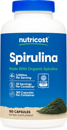 Nutricost Espirulina 3,000 mg, 180 cápsulas para 30 porciones - Certificado CCOF fabricado con espirulina orgánica, sin gluten, vegetariano