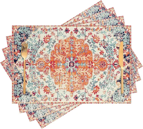 Miniatura 8 de Juego de 4 manteles individuales color azul bohemio para interiores, tela de lino étnica, lavables, resistentes al calor, para mesas de cocina