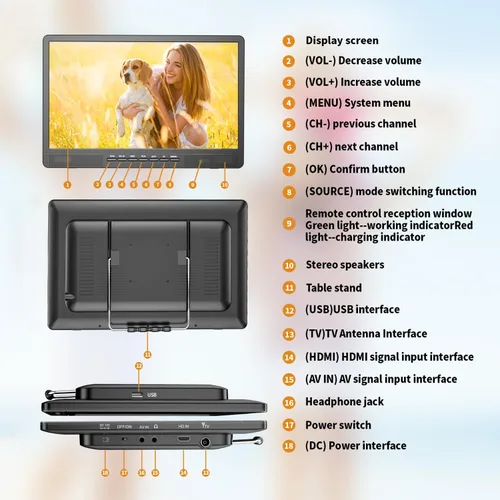 Miniatura 9 de NORTHING TV portátil de 18" con 6500mAH de potencia incorporada, TV pequeña Full HD 1080P con antena, TV de 12V para automóvil, compatible