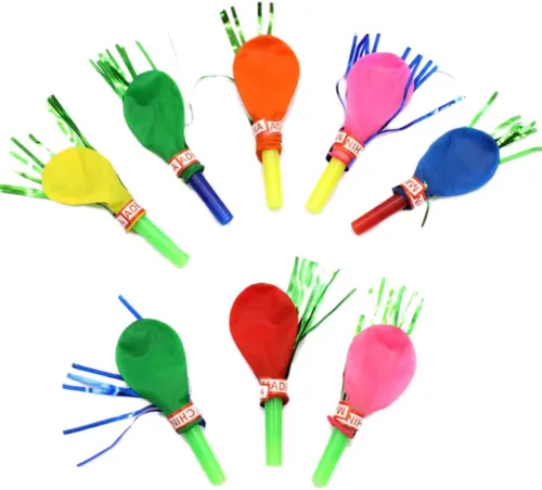 BESTOYARD 100 globos musicales con purpurina mixta con flecos metálicos ruidos para niños, lindos silbatos para Halloween, fiesta de Navidad (color