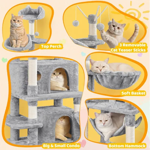 Miniatura 6 de Yaheetech Árbol para gatos, torre grande de 67 pulgadas con 3 palitos extraíbles, 2 perchas en forma de orejas de gatito, 2 condominios, hamaca
