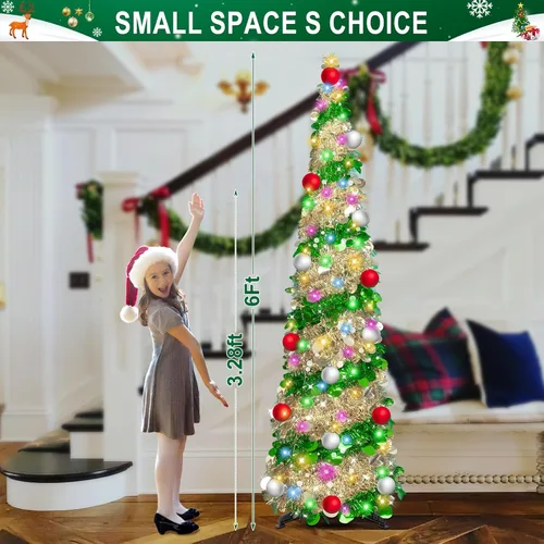 Miniatura 4 de Árboles de Navidad artificiales de 6 pies, árbol de Navidad artificial, plegable con temporizador, 100 luces, 15 bolas, lápiz de oropel, árbol