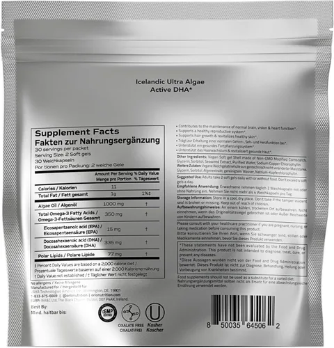 Miniatura 10 de Orlo Suplemento DHA de 1000 mg – 3 veces absorción natural islandés nórdico omega 3 DHA y EPA para apoyo cerebral y ocular – Alternativa de aceite