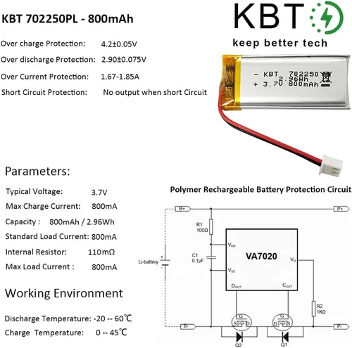 Miniatura 6 de Batería de polímero de litio KBT 3.7V 800mAh: 702250 Baterías de repuesto de iones de litio recargables Lipo con conector PH 2.54 JST, conector